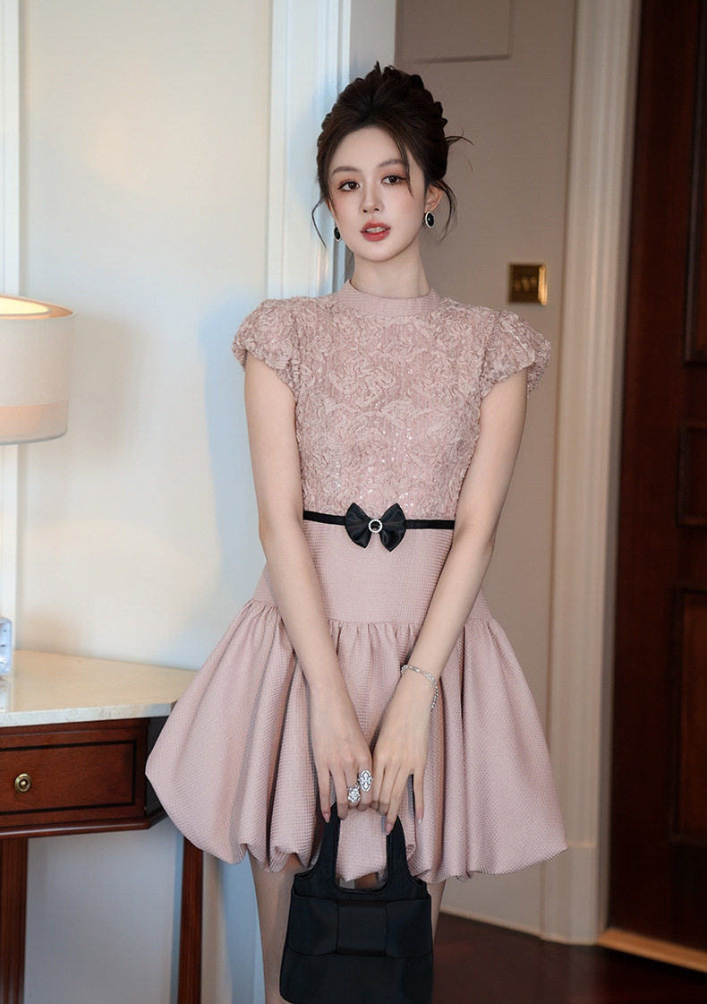 Đầm dự tiệc mùa hè ôm body tay bồng cổ tròn — [Hồng anh đào] chi tiết 1