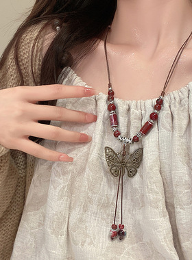 陶瓷蝴蝶吊坠项链新中式民族风女