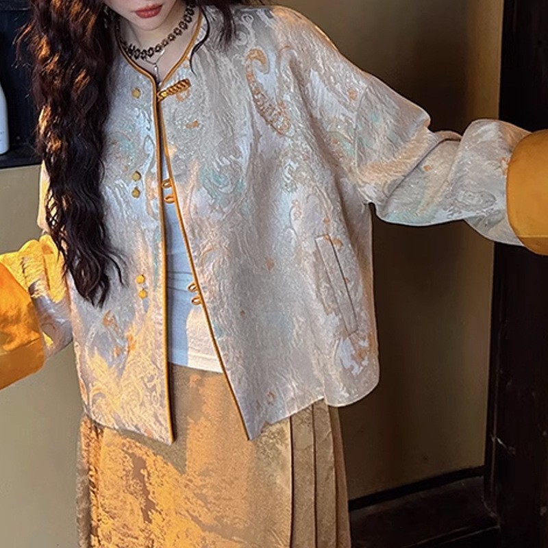 Áo khoác dệt hoa văn cao cấp dáng thanh lịch cho nữ — Bột thịt, Cam nhạt, Hồng nhạt, Tím xanh lục