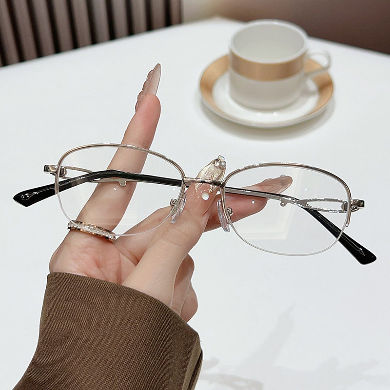 New Women's Metal Half-Frame High-Definition Myopia Glasses, Fashionable and Versatile Glasses Frames, Anti-Blue Light Flat Glasses