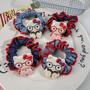 Large Cartoon Cute Kitten Hair Tie Denim Color Scrunchie Ponytail Girl Bun Hair Tie Hair Accessory