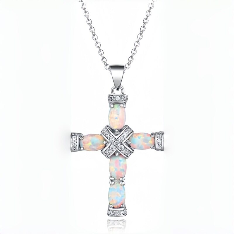 New Design White Imitation Opal Cross Pendant Necklace for Women Silver Jewelry