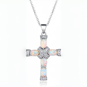 New Design White Imitation Opal Cross Pendant Necklace for Women Silver Jewelry