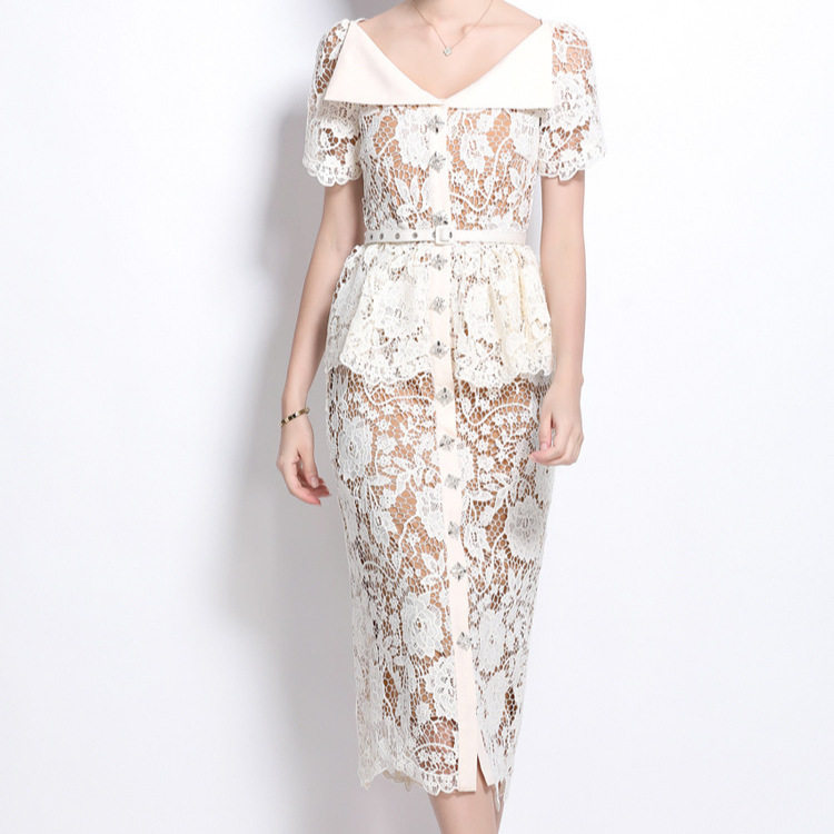 Vintage Style Summer Dress for Women Short Sleeve Doll Collar Beaded Slim Fit Lace Embroidery Elegant Evening