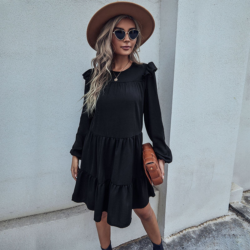 Loose Black Long Sleeve Dress Vintage Hepburn Style Fashionable Womens Apparel for Casual Occasions Wholesale Available