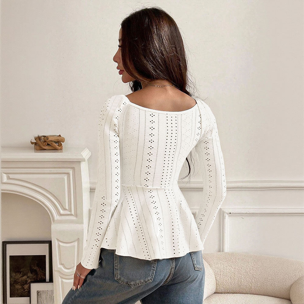 Elegant Womens Long Sleeve Top Solid Color U Neck Lace Trim Tie Detail Winter Fashion Wholesale Available