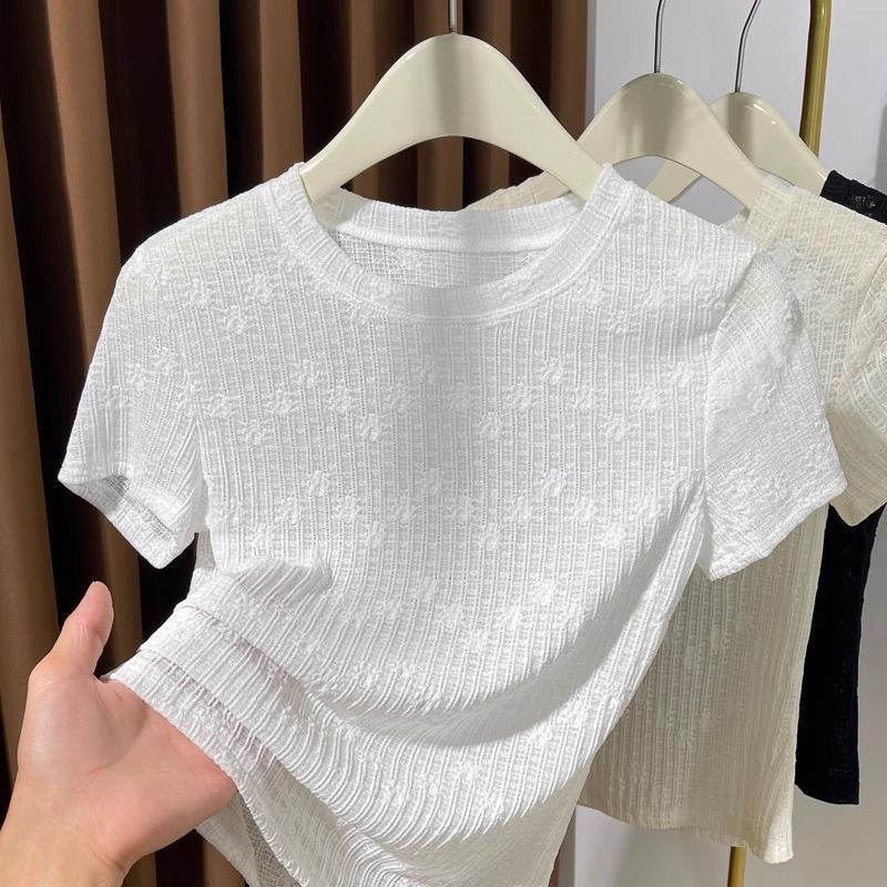 Lace Short Sleeve Womens T Shirt Lightweight Round Neck Sheer Fabric Stylish Summer Layering Top Wholesale