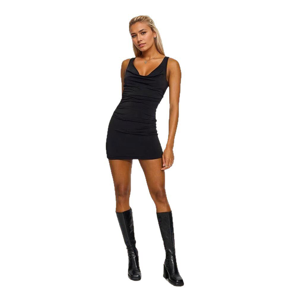Summer Black Spaghetti Strap Dress Sexy Bodycon Open Back Tie Neckline Casual Party Wear Wholesale Available