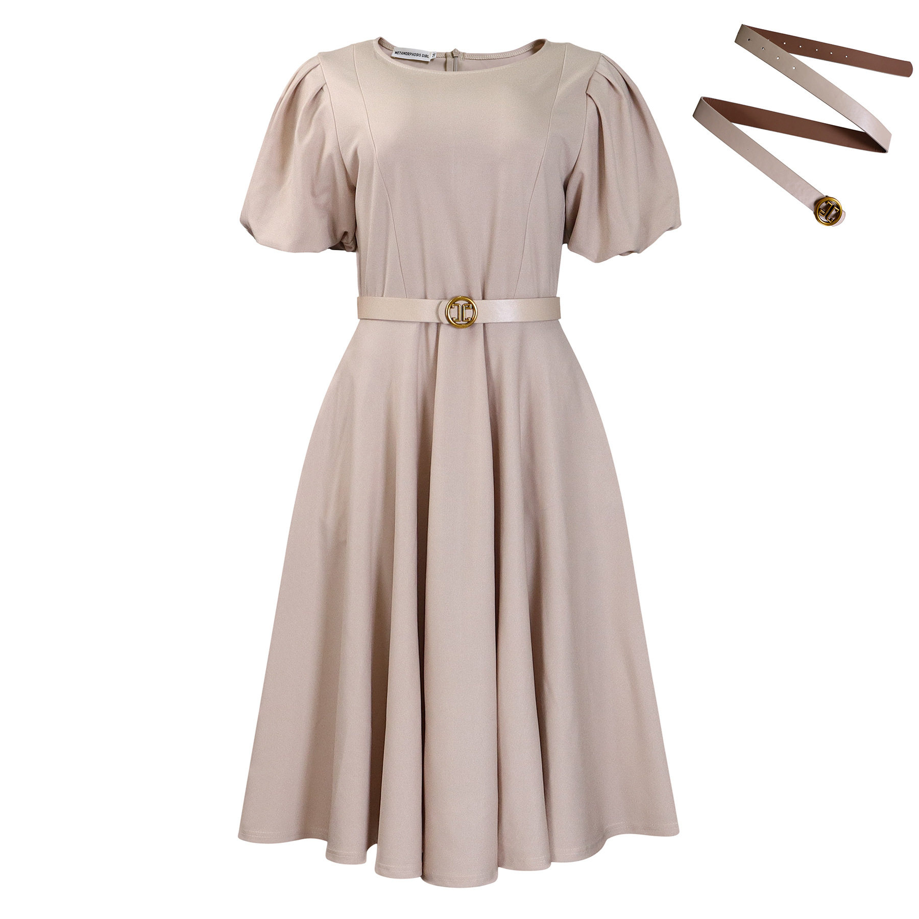 Elegant A Line Dress with Puff Sleeves Round Neck Waist Defined Flowy Skirt Perfect for Parties and Events