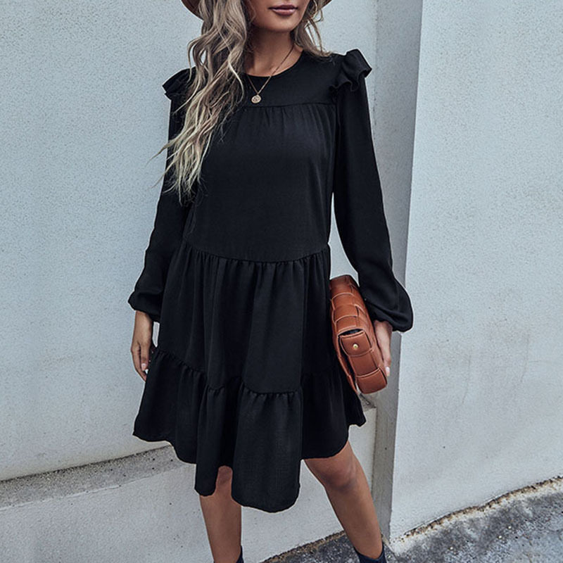 Loose Black Long Sleeve Dress Vintage Hepburn Style Fashionable Womens Apparel for Casual Occasions Wholesale Available