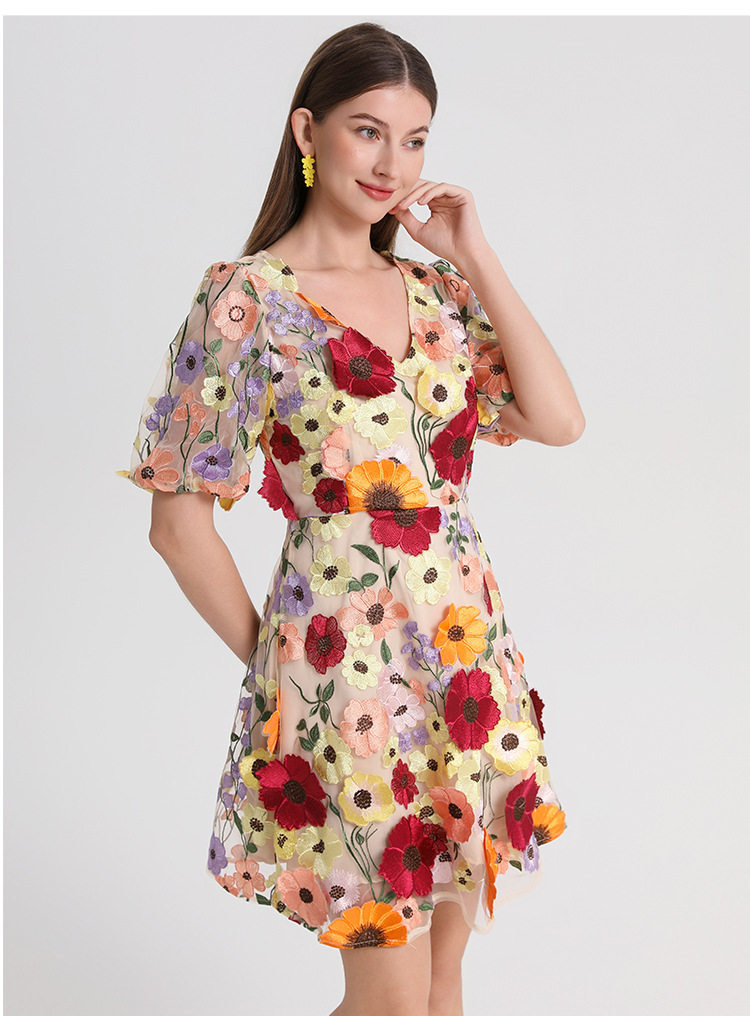 Summer V Neck Puff Sleeve Dress Handcrafted 3D Embroidery Solid Color Elegant A Line Silhouette Perfect for Parties