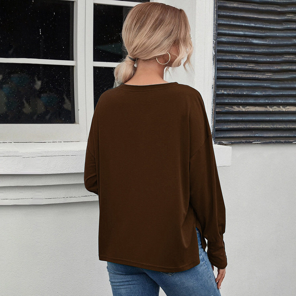 Womens Loose Fit V Neck Long Sleeve T Shirt Solid Color Casual Style Autumn Winter Ready to Ship