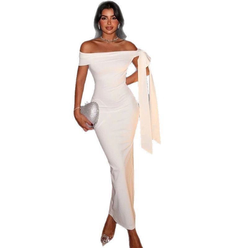 Elegant Bodycon Dress Ruffled Design Off Shoulder Neckline Adjustable Tie Perfect for Parties and Special Occasions