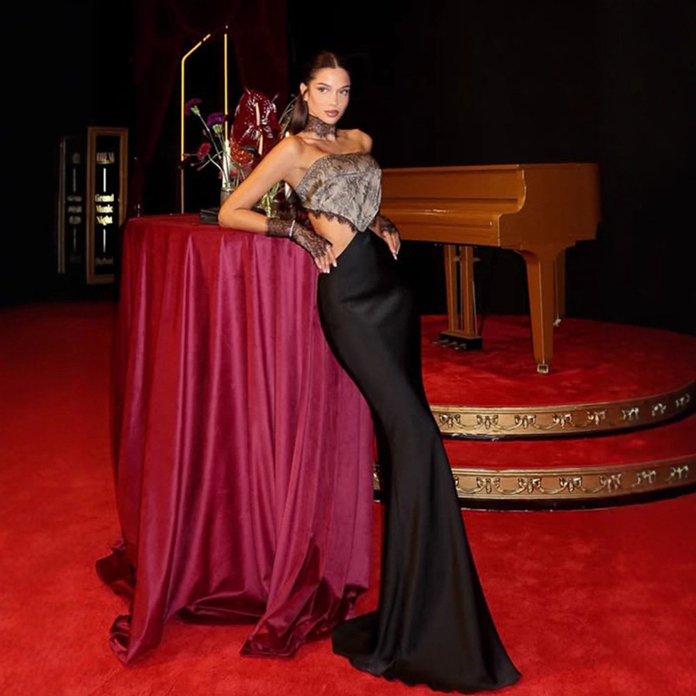 Elegant Backless Lace Trimmed Strapless Evening Dress Slim Fit Triangle Design Fashionable Style Perfect for Parties