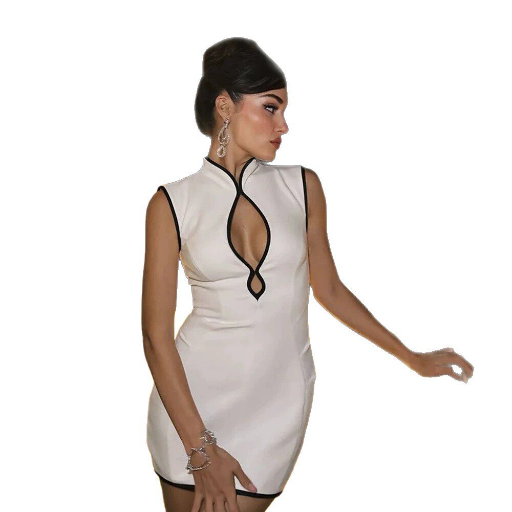 Elegant Womens Dress Simple Color Blocked Design Hollow Out Details Slim Fit Versatile for Casual or Formal