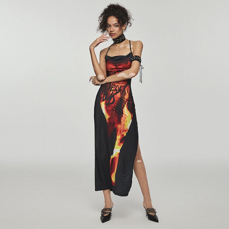 Flame Print Sexy Slip Dress Backless High Slit Sleeveless Summer Party Wear Wholesale Available