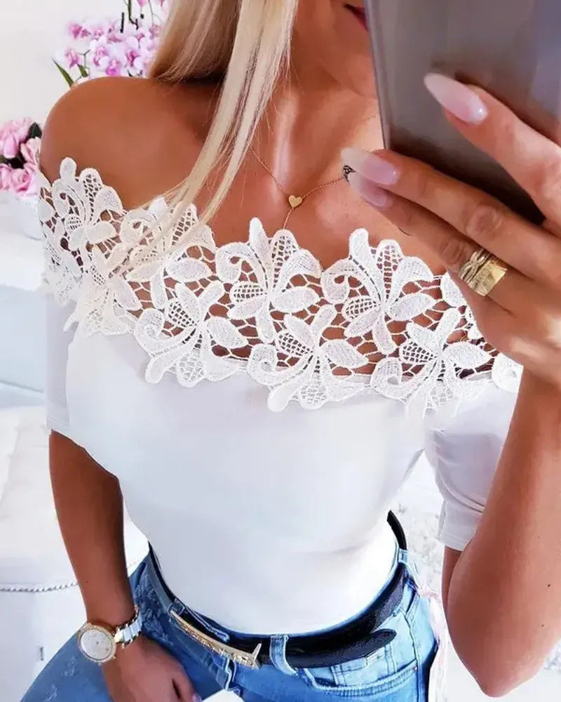 Womens Casual T Shirt Short Sleeve Lace Trim Solid Color Off Shoulder Design Perfect for Everyday Wear Wholesale
