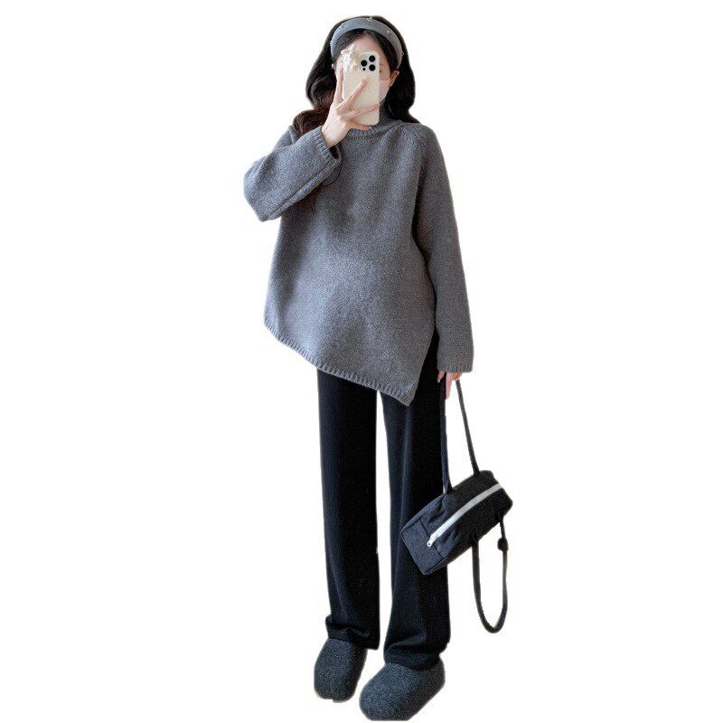Maternity Sweater Autumn and Winter New Style Irregular Lazy Style Loose Slimming Knitted Top for Pregnant Women