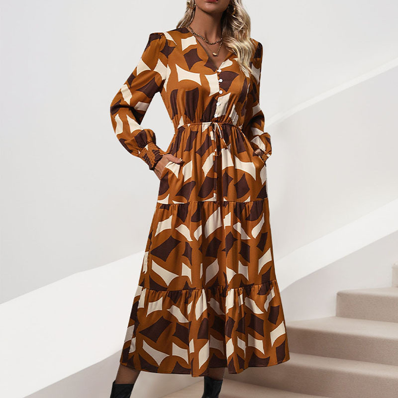 Womens Autumn Dress Irregular Pattern Printed Fabric Casual Style Wholesale Available OEM ODM service