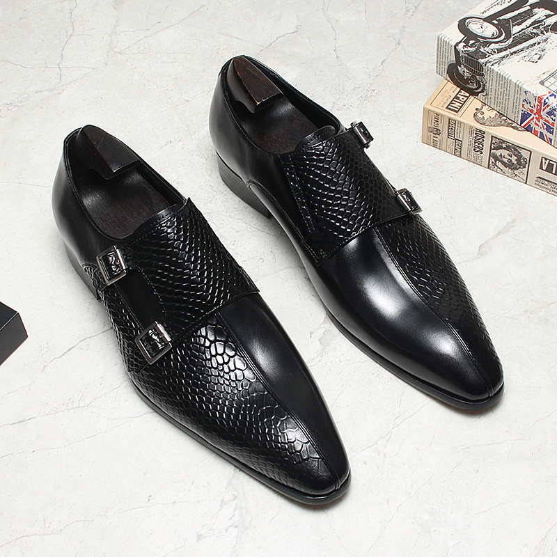 Giày da nam monk strap khóa đôi mũi nhọn da bò thật — màu đen, Màu đỏ rượu