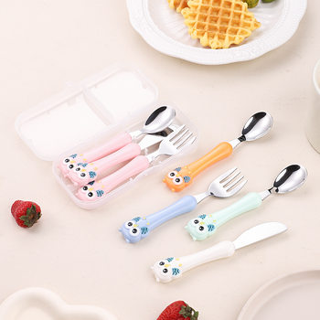 Creative Children's 304 Stainless Steel Portable Tableware suit Cartoon Owl Fork Spoon Combination Baby Training Fork Spoon