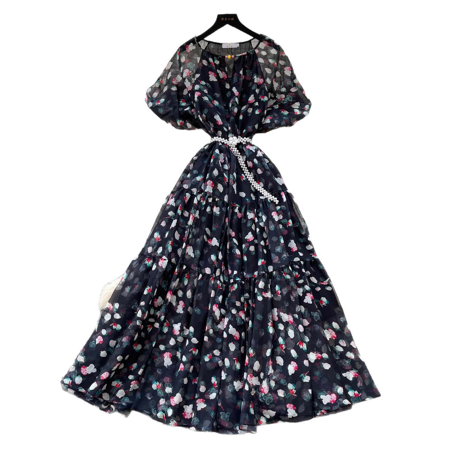French Style V Neck Floral Dress Short Sleeve Waist Defining A Line Silhouette Summer Vacation Wear Wholesale