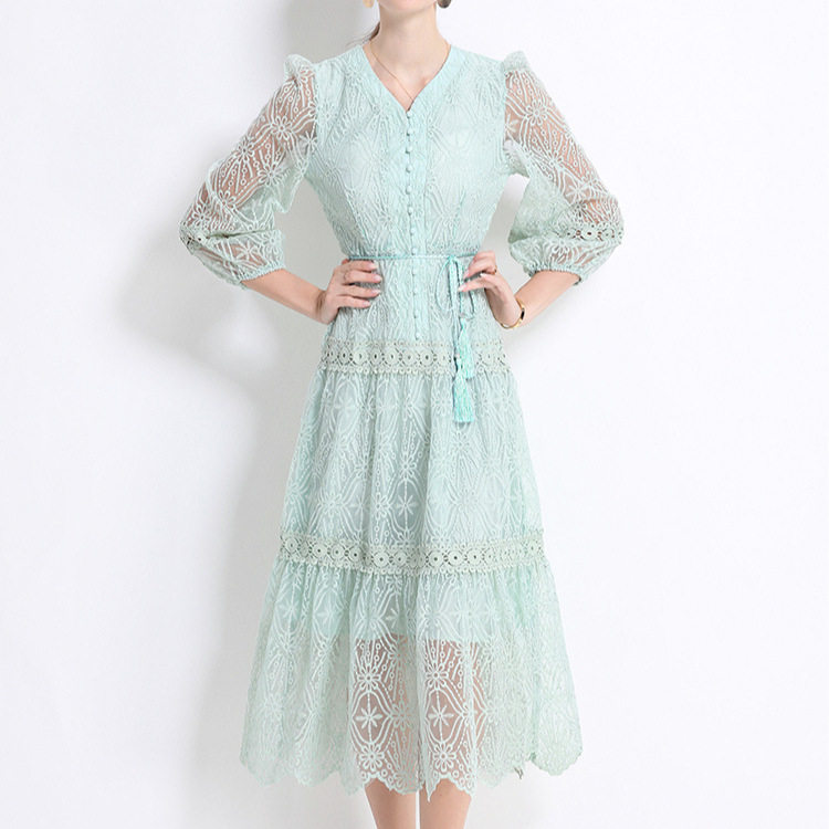 Elegant French Style Womens Dress High End Design Waist Tie Lantern Sleeves Embroidered Tulle Perfect for Formal