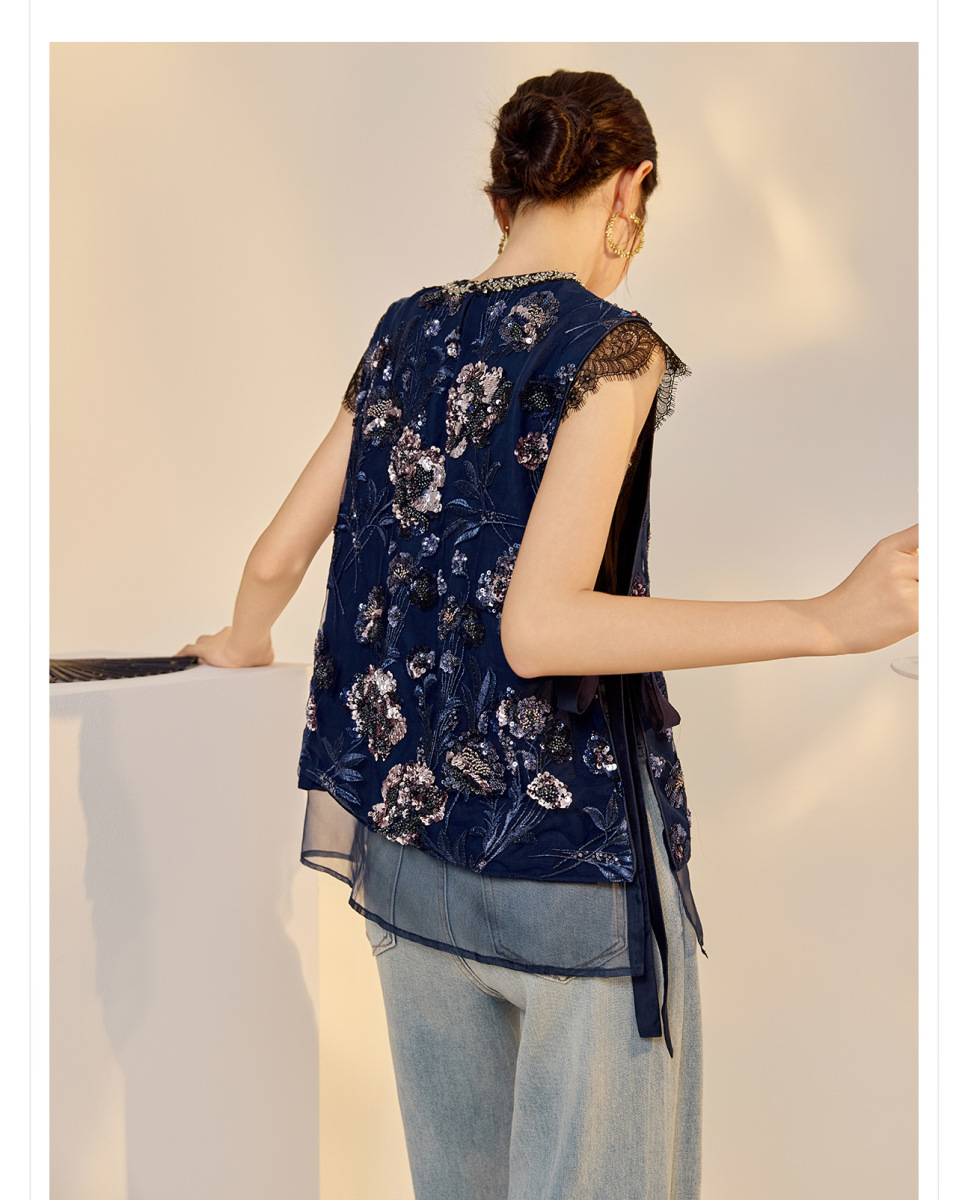 Áo vest nữ thêu cườm đính đá cổ tròn phối hoa văn — Jiyue Blue (giao hàng trong 7 ngày), Jiyue Blue (phát hành cùng ngày)