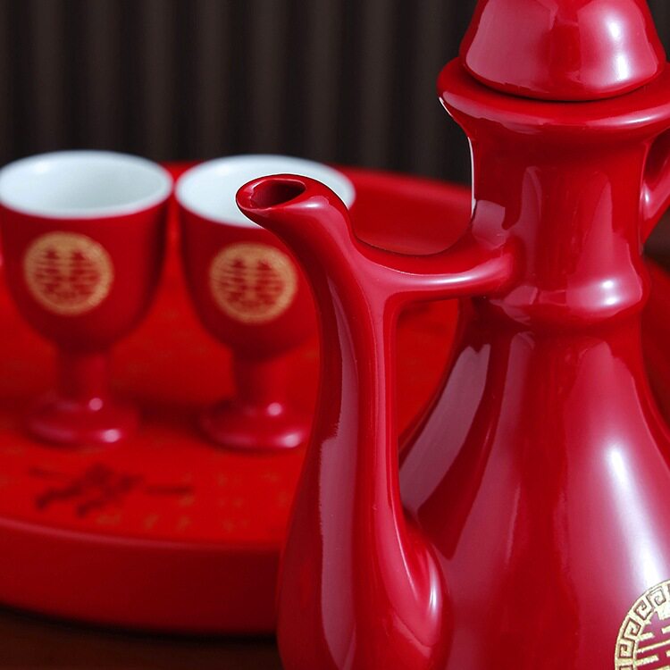 Wholesale Wedding Toast Cup and Flask Set Chinese Wedding Banquet Festive Cup Wine Red Small Wine Glass