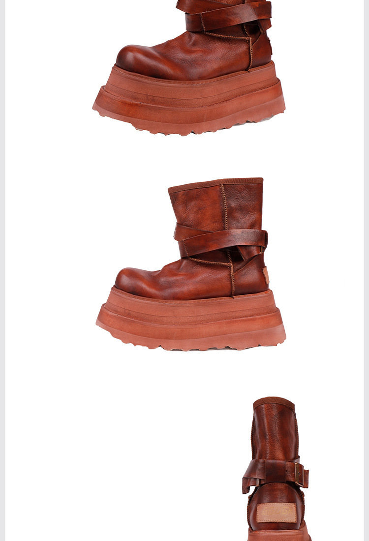 Boot nữ cổ trung da bò thật đế dày tăng chiều cao khóa kéo bên — màu đen, màu nâu