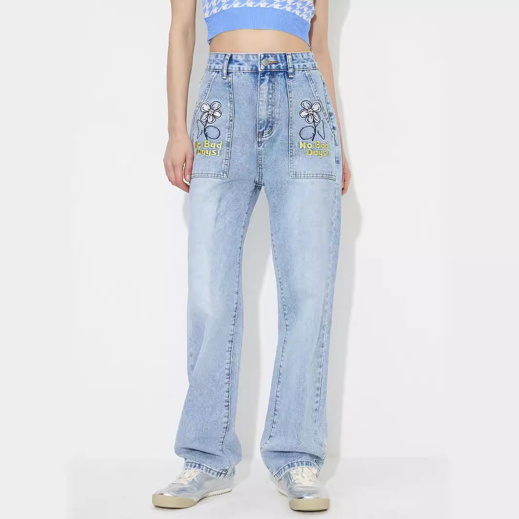 High Waisted Embroidered Wide Leg Jeans Loose Fit Denim Fabric Casual Style Ready to Ship factory direct