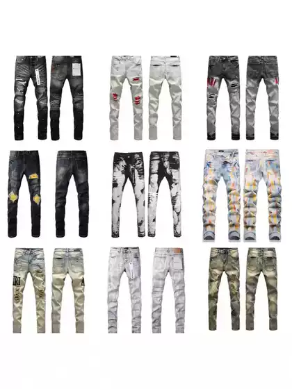 Cross-Border American-Style Purplebr High Street Ripped Embroidered Patchwork Vintage Straight-Leg Jeans Amlri Stretch Denim