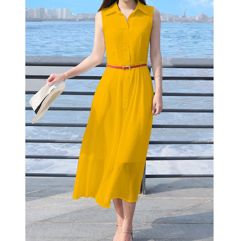 Chiffon Sleeveless Dress Shirt Collar Solid Color Slim Fit Elegant Style Perfect for Summer Vacations Wholesale