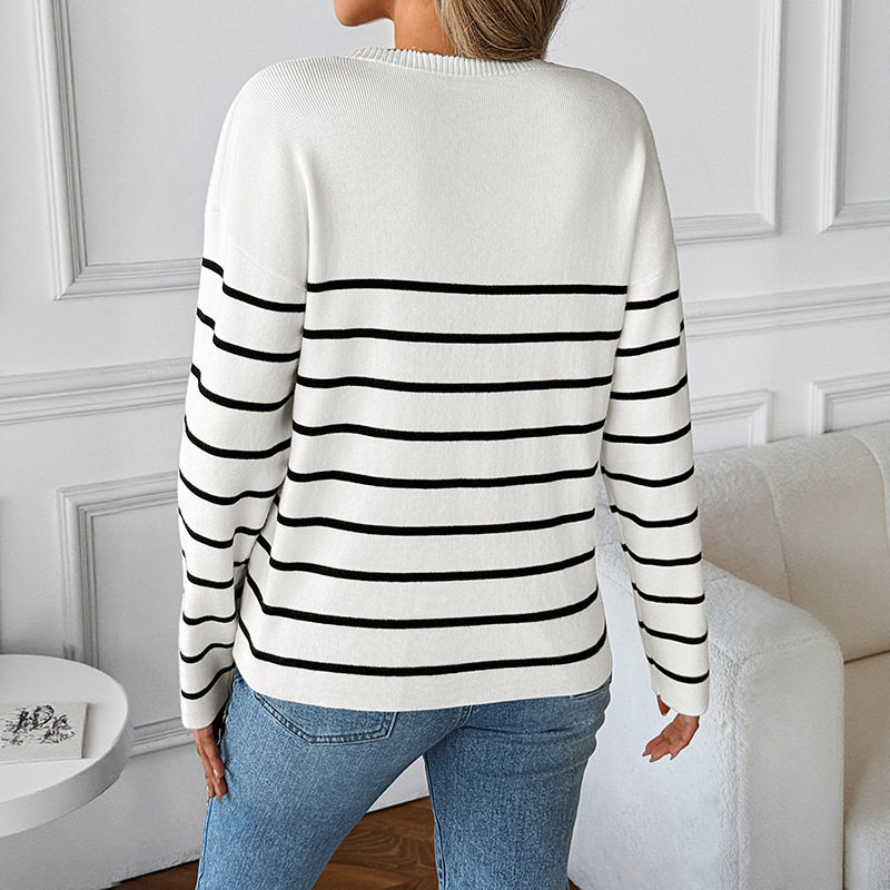 Striped Sweater Korean Style V Neck Long Sleeve Casual Design Perfect for Fall Winter Wholesale Available