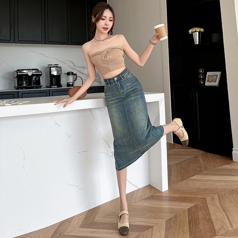 Fashionable High Waisted A Line Denim Skirt for Women Mid Length Back Slit Perfect for Petite Figures Spring and