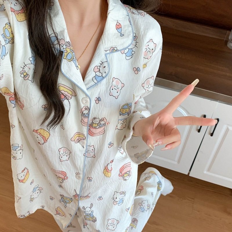 带胸垫大码睡衣女春秋季长袖甜美少女草莓条纹家居服套装现货跨境