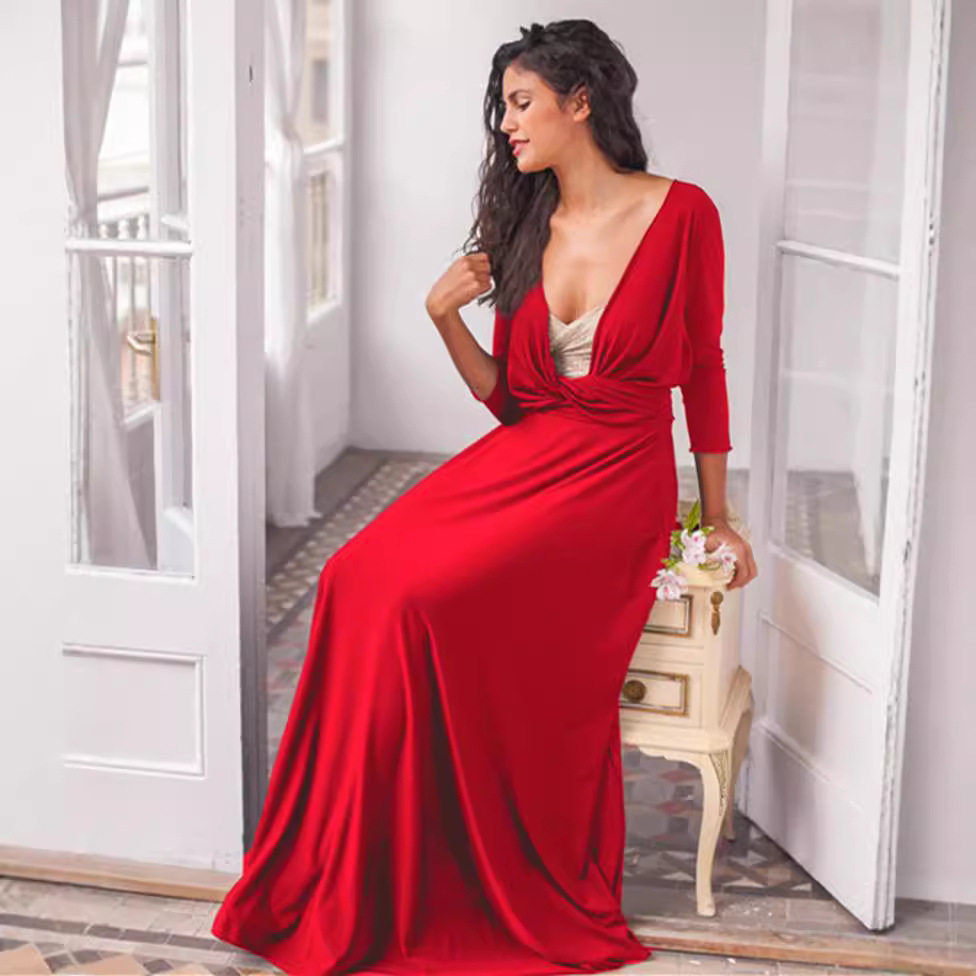 Cross Back Bandage Maxi Dress Versatile 3 4 Sleeve Adjustable Straps Sexy Fit Evening Wear Cocktail Party