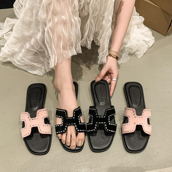 Slippers for Women to Wear Outside 2025 Summer New Style Flat-Soled Rhinestone Slippers Baidu Casual Outer Wear Beach Sandals