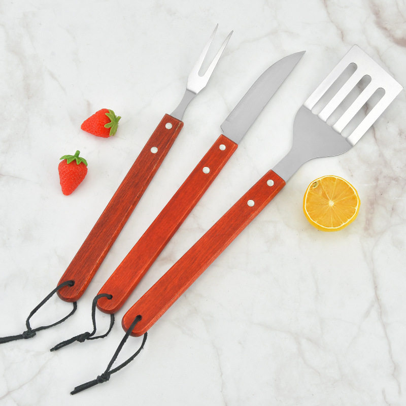 Spot Direct Sales Wooden Handle Bbq Barbecue Set Barbecue Clip Fork Shovel Knife Apron Oxford Bag Grill Five-Piece Set
