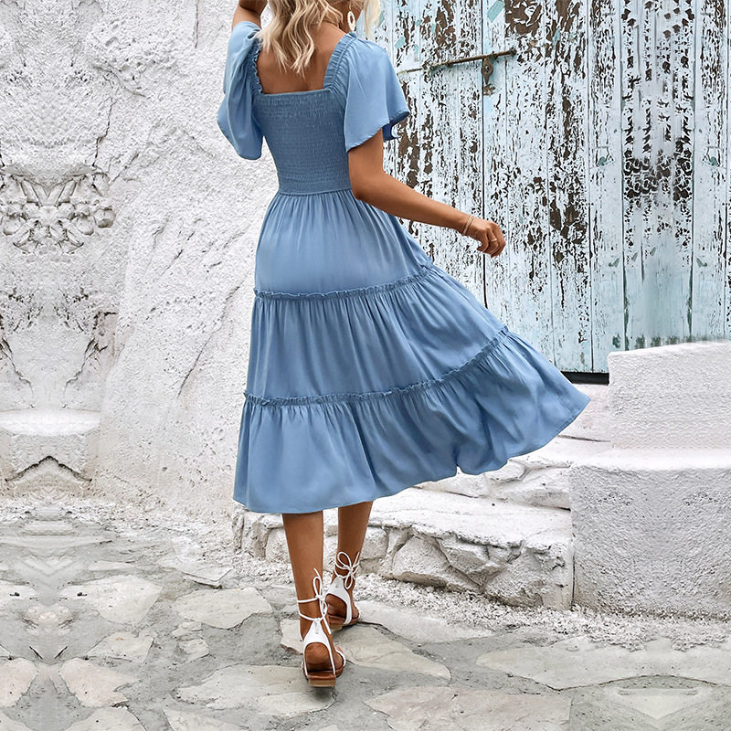 Summer Casual Midi Dress Off Shoulder Ruffle Sleeves Solid Color Vacation Wear Wholesale Available
