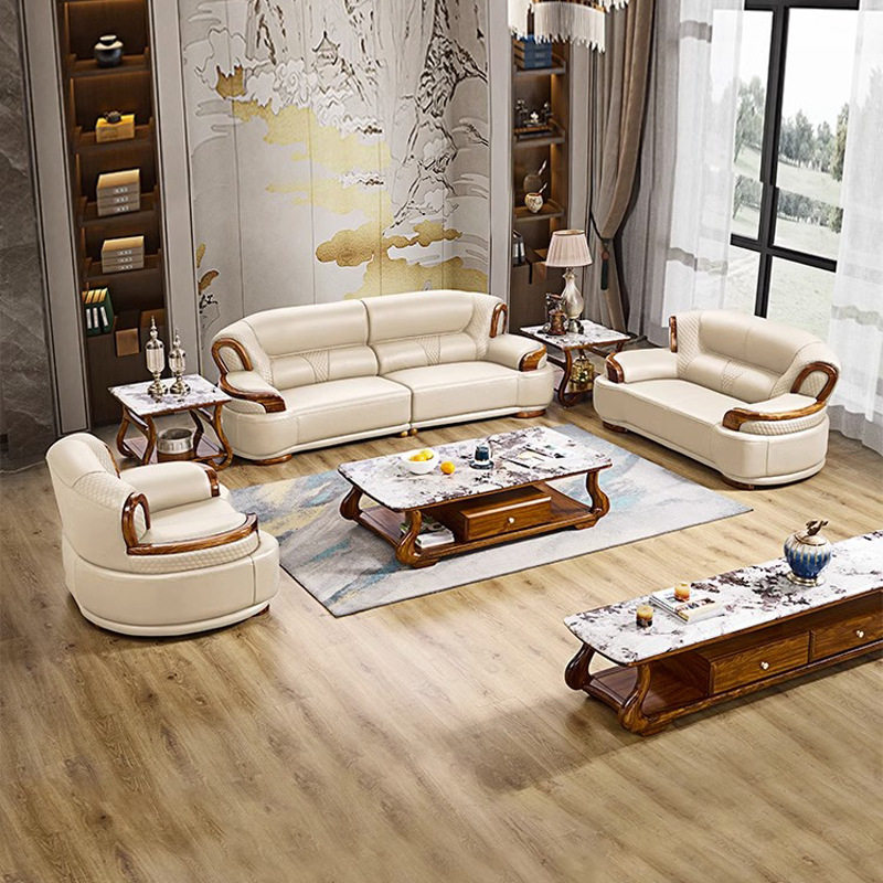 新中式乌金木真皮沙发组合全实木大小户型奢华客厅轻奢别墅家具