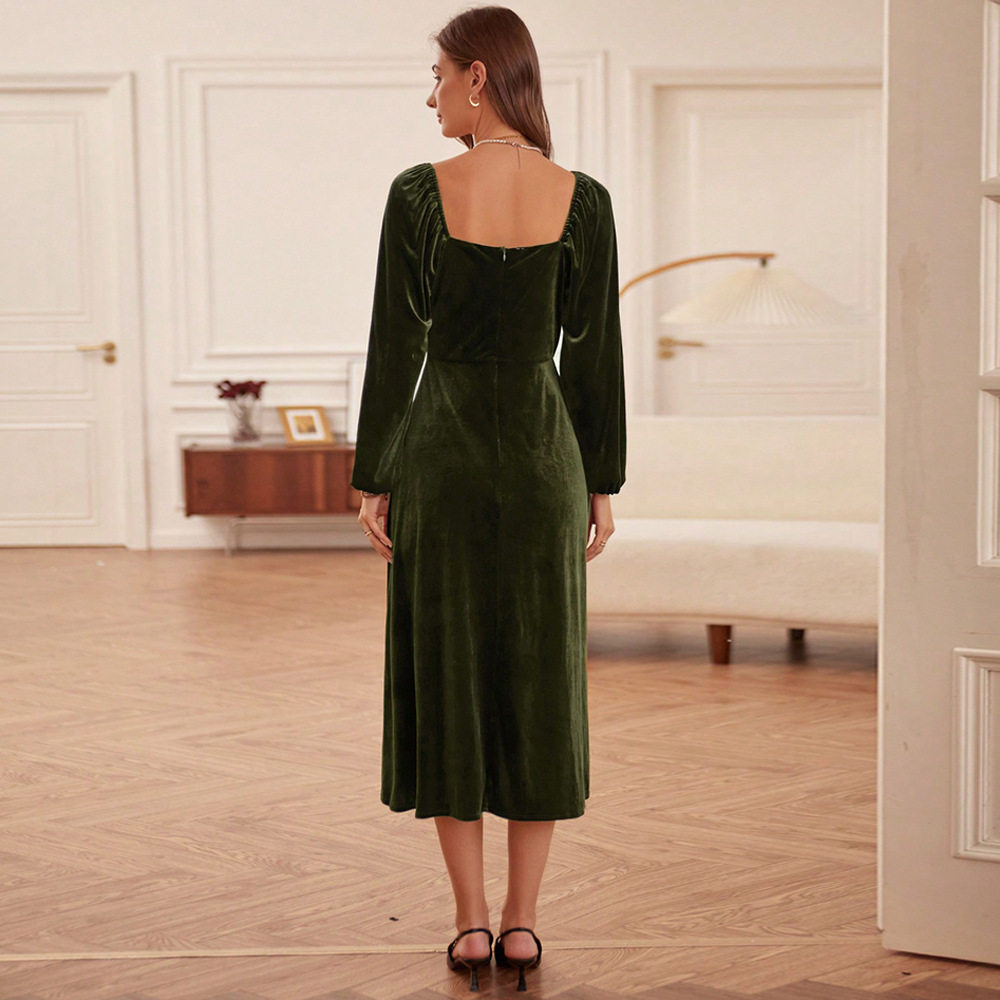 French Vintage A Line Velvet Dress Slim Fit Square Neck Long Sleeve Autumn Winter Fashion Wholesale Available