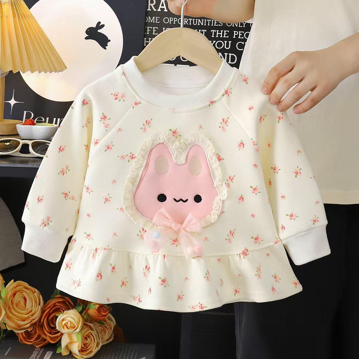 Girls' Autumn Pullover Hoodie, New Cute Stylish Cartoon Cat & Rabbit Print Floral Hem Top