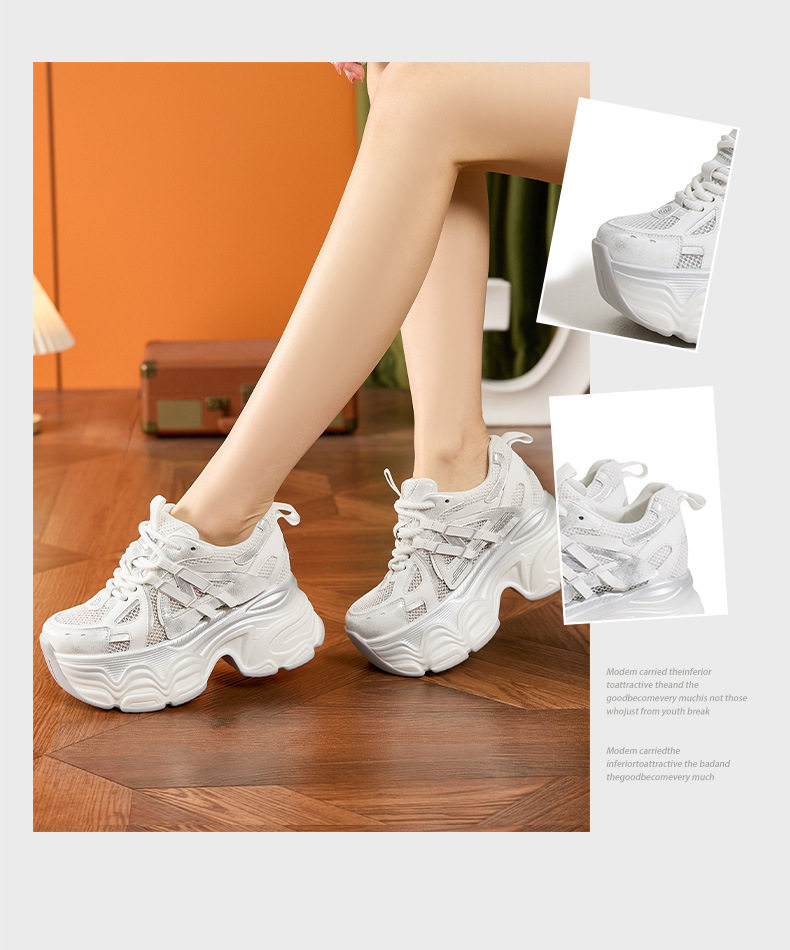 Giày sneaker nữ chunky đế dày lưới thoáng khí mùa hè — Trắng, Xám chi tiết 3
