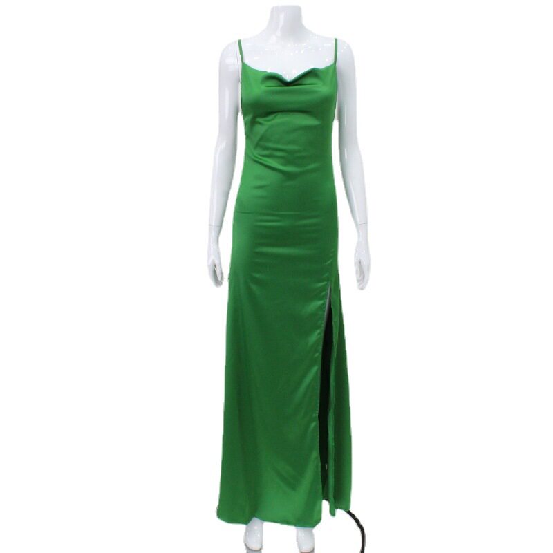Satin Evening Dress Sexy High Slit Backless Long Length Elegant for Parties and Formal Events Wholesale Available