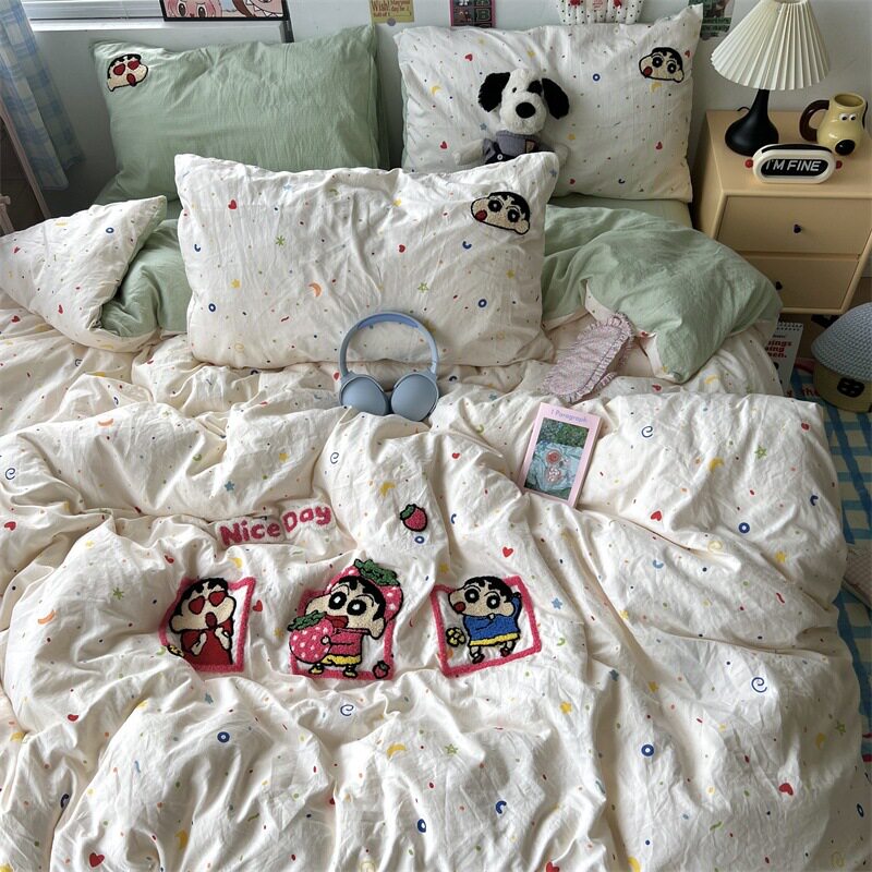 Class a Cream Korean Girly Heart Ins Towel Embroidered Washed Cotton Four-Piece Set Student Dormitory Three-Piece Set Bed Sheetss and Fitted Bed Sheetss