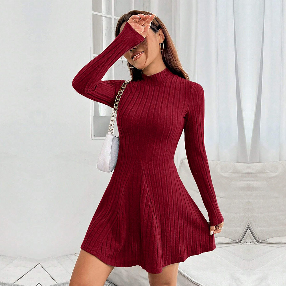 Womens A Line Dress Slim Fit Half Turtleneck Long Sleeve Ribbed Fabric Spring Summer Fashion Wholesale Available