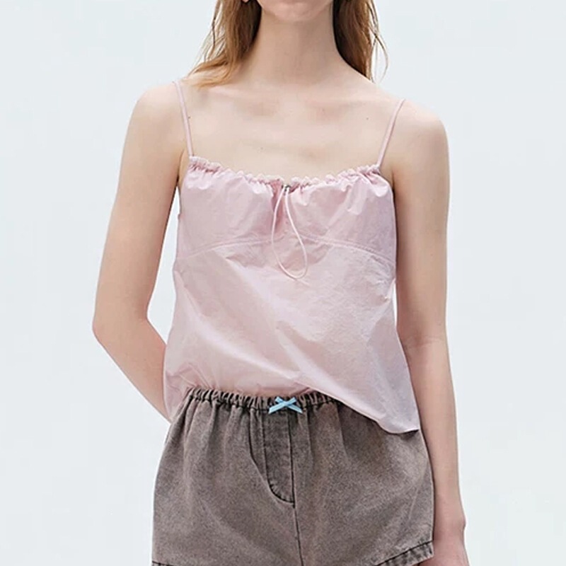 Áo hai dây nữ vai mảnh vải cotton pha nylon nhún eo nhẹ nhàng — Màu hồng