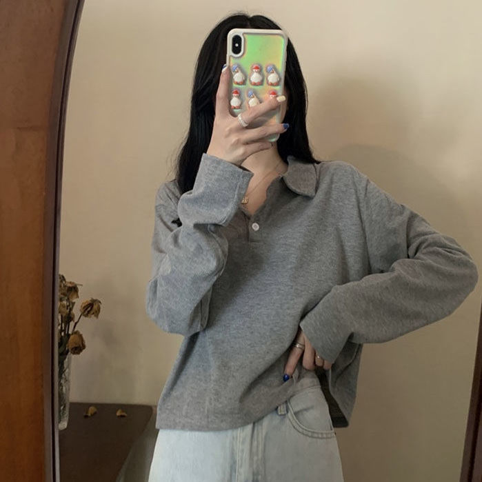 Loose Fit Long Sleeve Polo Shirt Korean Style Gray Color Autumn Fashion Casual Wear for Women Wholesale Available