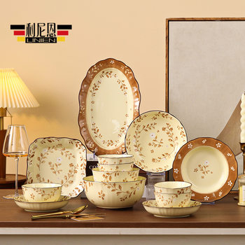 Chinese Antique Ceramic Tableware Set Underglaze Color Housewarming Gift Bowls and Plates Retro Home Hotel and B&B Tableware